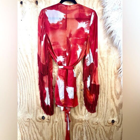 Rare KMilele Red Tie-Dye Kimono Boho Silk Top with tie fringe sleeves Sz M Gypsy - Picture 2 of 10